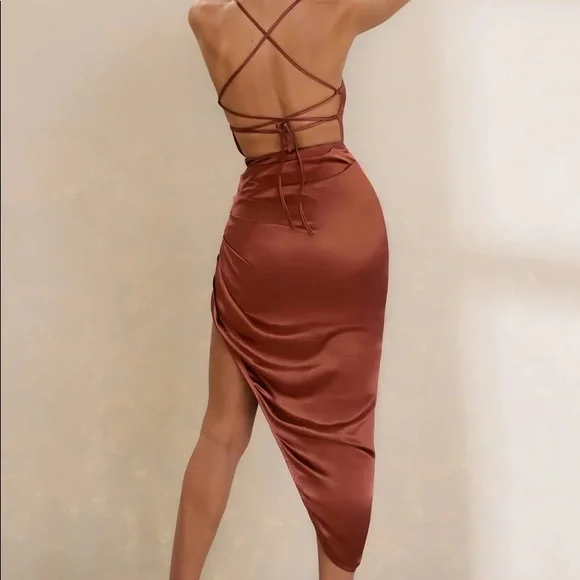 Club L London Risk It All Rust Cowl Neck Midi Ruched Satin Asymmetrical Dress - Picture 3 of 3